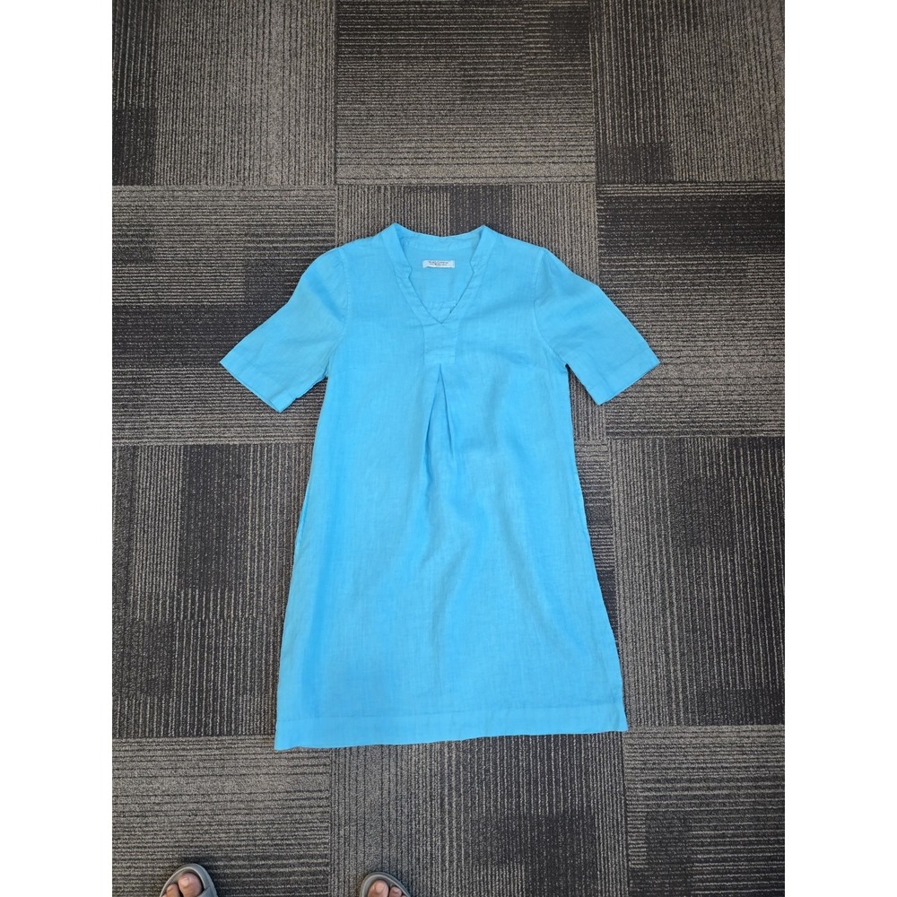 Harris Cotton Turquoise Midi Shift Linen Coastal Classic Resort Wear Dress Small - Picture 4 of 9